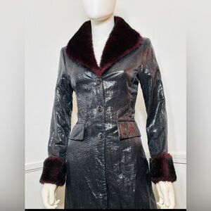 Black Shimmery Blazer Coat with Burgundy Faux-Fur Trim